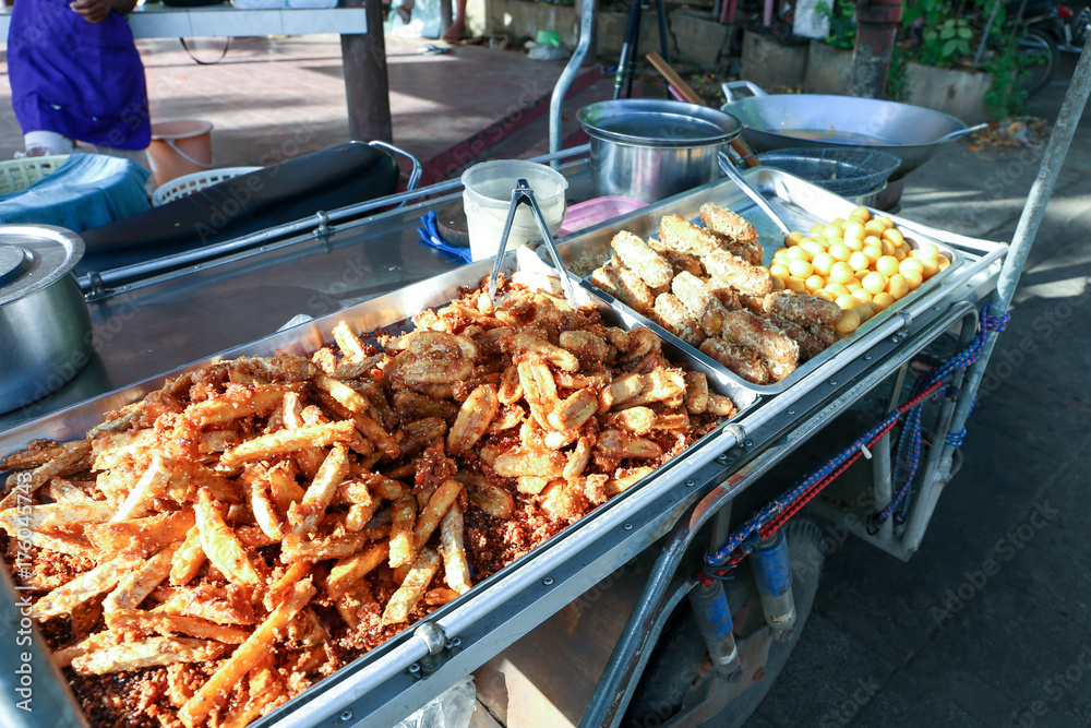 Deep Fried  Grated Coconut Banana, Taro and Sweet Potato Thai Recipe for sell, Thai street food