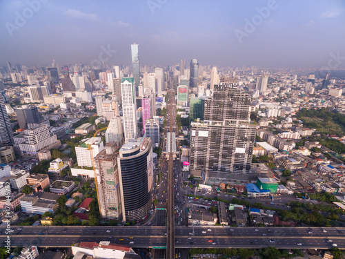 Expressway And Sathorn District Skyline  Bangkok  Thailand  Aerial Shot