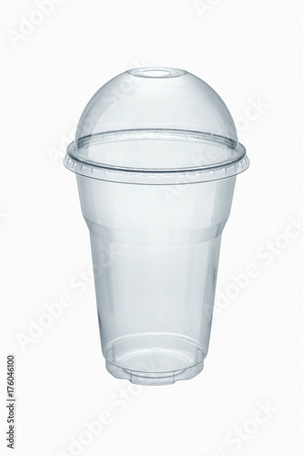Plastic clear cup with dome lid isolated on white, clipping path