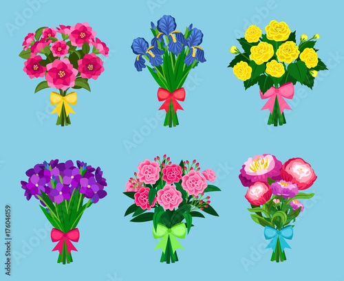 Flowering bouquets Set isolated on blue background. Bunch of flowers with bows