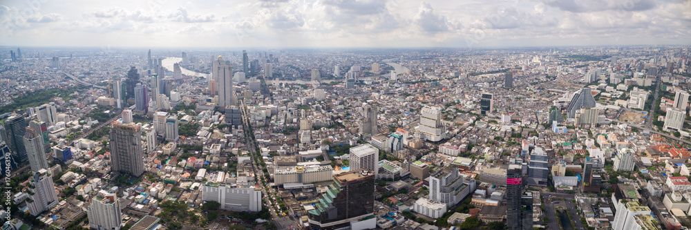 Wide Panoramic Shot Over Central Bangkok Skyline And Chao Phraya River, Thailand