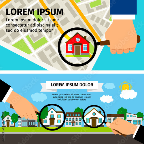 Search House Concept. Magnifying glass select with houses real estate and map