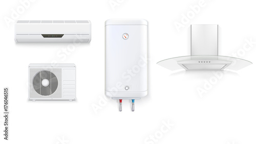 Set icons of household appliances on a white background. Air conditioning, white water heater, extractor hood with glass, isolated 3D illustration with realistic shadows and reflections.