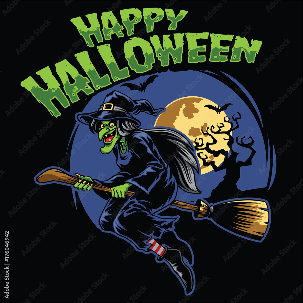 Fototapeta halloween design witch and fliying broom