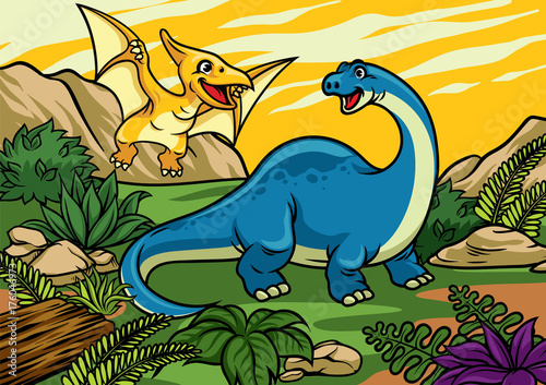 happy cheerful cartoon of brontosaurus and pterodactyl