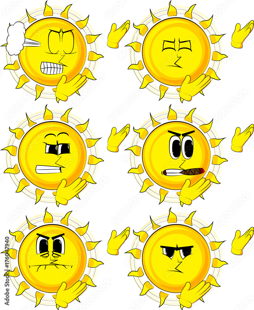 Cartoon sun showing something with both hands, powerful hand gesture. Collection with sad and angry faces. Expressions vector set.