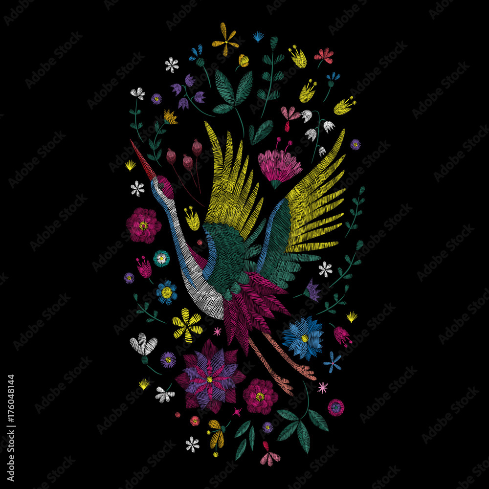 flowers cherry blossom and crane, east. traditional stylish fashionable embroidered embroidery on a black background. sketch for printing on fabric, bag, clothes, accessories and design. trend vector