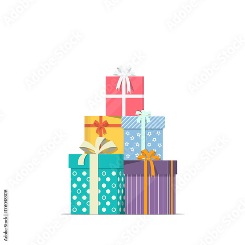 Stacked gift boxes in flat style. Concept design of holiday discount sale. Pile of presents icon.