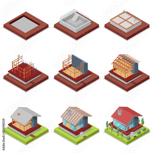 Isometric 3D set construction stages of countryside house. Foundation pouring, construction of walls, roof installation and landscape design. Low poly model of rural real estate vector illustration.