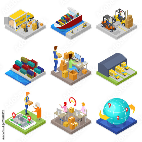 Logistics service isometric 3D set. Global freight shipping and distribution, fast delivery transportation, warehouse management. Sea, rail, air and road cargo transportation vector illustration.