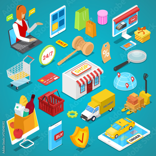 Online shopping isometric 3D set. Mobile marketing, e-commerce, online payment, internet auction collection. Digital mobile gadgets, home delivery, mall elements, food and goods vector illustrations.