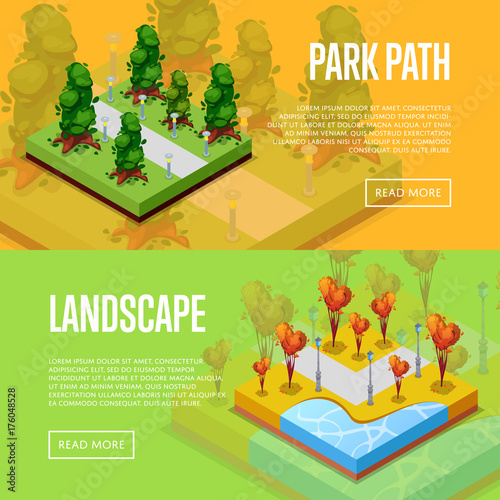 Natural parkland landscape design isometric posters. Heart shaped trees, field with green grass and trees, park path and benches. Public park zone with decorative plants vector illustration