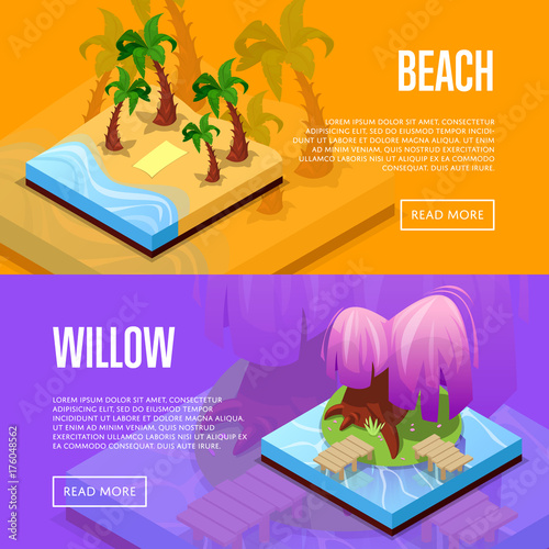 Park design isometric posters. Palm trees on beach, island with green grass and purple willow. Public parkland zone landscape with decorative plants, outdoor natural recreation vector illustration.