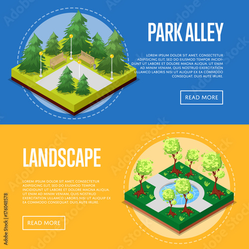 Park design isometric posters. Field with green grass and trees, pool with water, park alleys, path, and benches. Public parkland zone with decorative plants, natural recreation vector illustration.