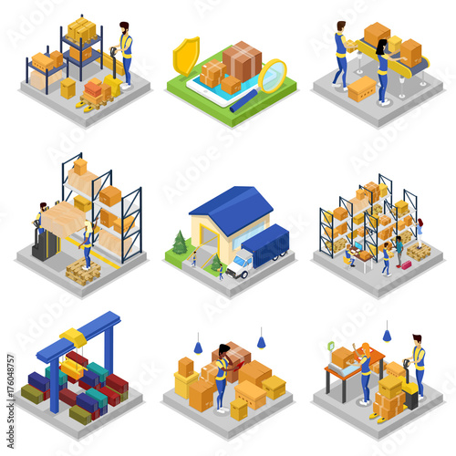 Warehouse management isometric 3D set. Freight warehousing and goods distribution, fast delivery service, local commercial transportation, storehouse logistics, cargo terminal vector illustration.