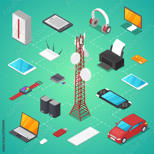 Wireless technologies isometric 3D vector set. TV tower, smart watch, laptop, tablet PC, usb drive, gamepad, printer, mp3 player, wifi router, speakers, server, car, headphones connect in one network