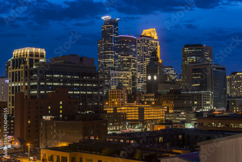 Minneapolis downtown skyline at night, Minnesota, USA