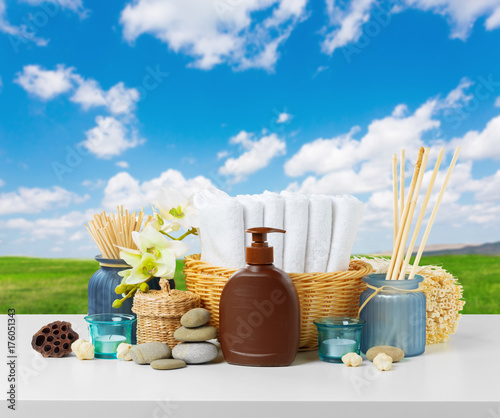 Composition of spa treatment on wooden table