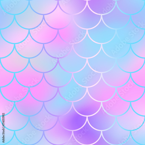 Girlish fish scale pattern with color mesh background. Mermaid vector seamless pattern.