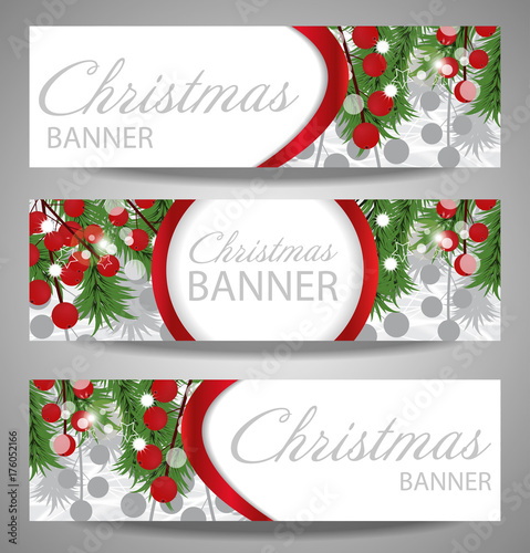 Collection Christmas and  New Year banners with fir branches and red berries. Vector