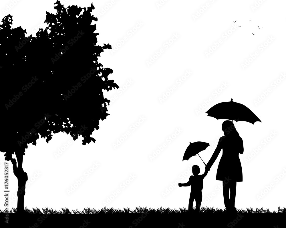 Mother walking under the umbrellas with her child in park, one in the series of similar images silhouette Mother walking under the umbrellas with her child in park, one in the series of similar images silhouette