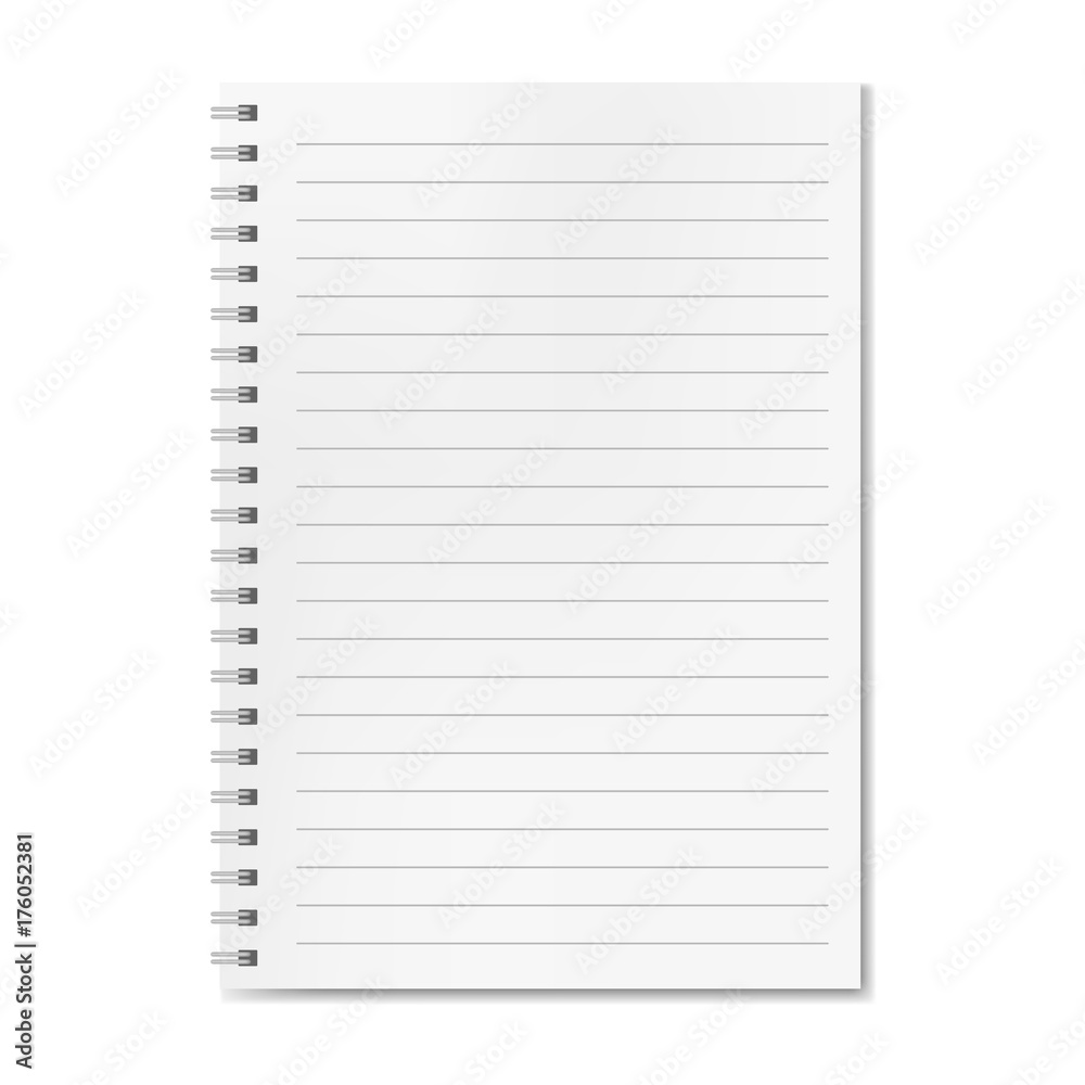 Blank realistic vector horizontal lined notebook with shadow. Copybook with blank opened ruled page on metallic spiral, dairy or organizer mockup for your text Blank realistic vector horizontal lined notebook with shadow. Copybook with blank opened ruled page on metallic spiral, dairy or organizer mockup for your text