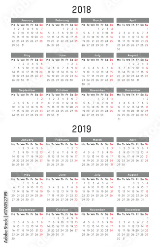 calendar template of year 2018 and 2019