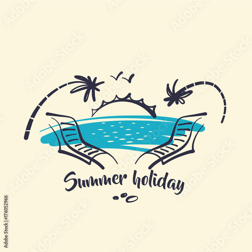 Hand drawn image of sunbed and palm. Print on t-shirt. Design.