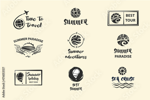 Freehand drawn concept image with text Summer vacation with children. Element design corporate identity, banner, poster, flyer for tourism business agency, operator, company