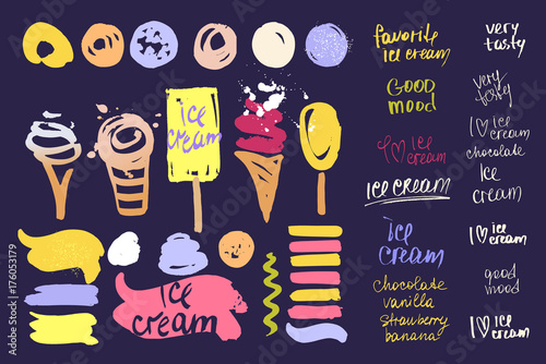 Set of vector illustration hand-drawn sweets, fruit  ice cream.