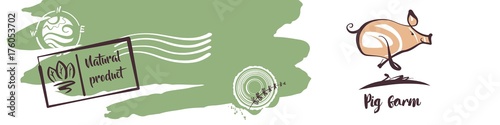 Freehand drawing silhouette pig for concept template banner, pos