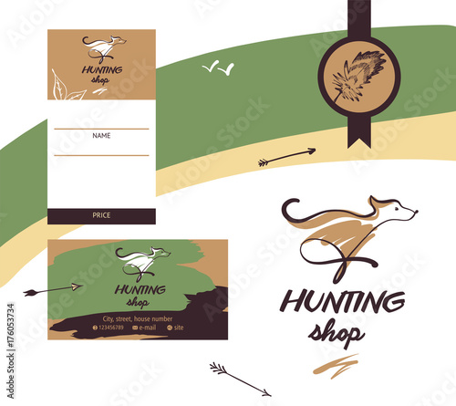 Sketch vector illustration. Template design banner, poster, card, logo for hunting shop. Hand-drawn image of dog