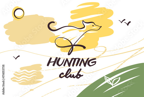 Sketch vector illustration. Template design banner, poster, card, logo for hunting shop. Hand-drawn image of dog