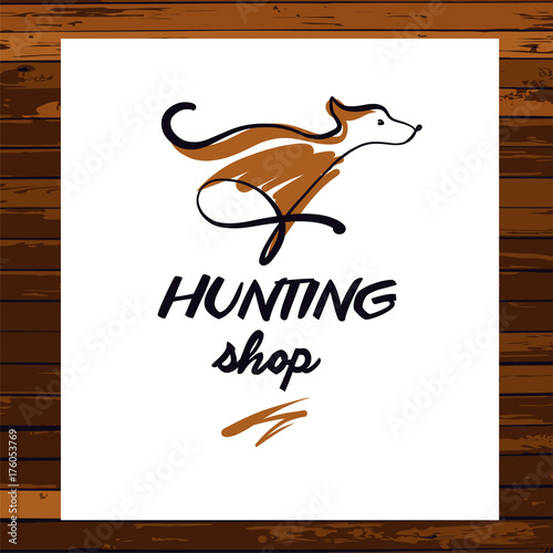 Sketch vector illustration. Template design banner, poster, card, logo for hunting shop. Hand-drawn image of dog