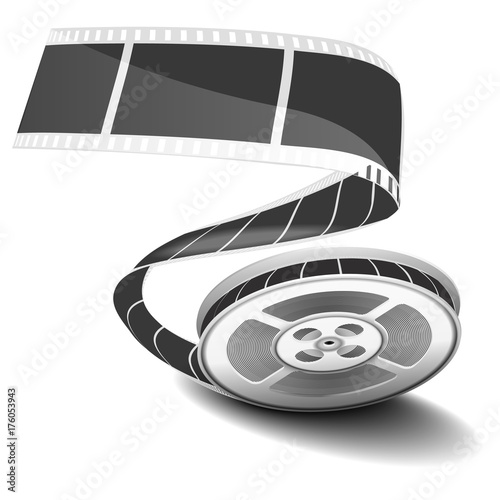 Film reel and twisted cinema tape isolated on white background, illustration.