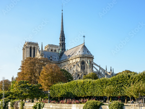 Three quarter rear view of Notre-Dame de Paris cathedral by a sunny evening at the beginning of fall.