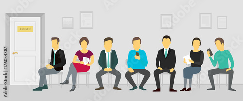 People sitting and waiting in the queue door to office. Recruitment business casting