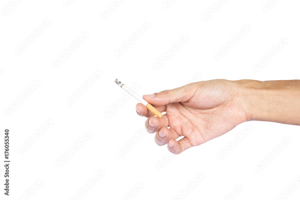 Hand gesture holding giving a cigarette isolated on white background with clipping path. Hand holding one cigarette red filter. Hand gesture holding giving a cigarette isolated on white background with clipping path. Hand holding one cigarette red filter.