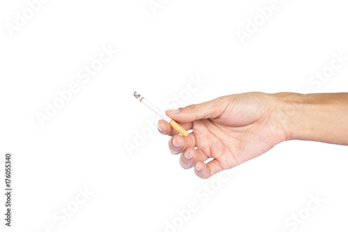 Hand gesture holding giving a cigarette isolated on white background with clipping path. Hand holding one cigarette red filter.