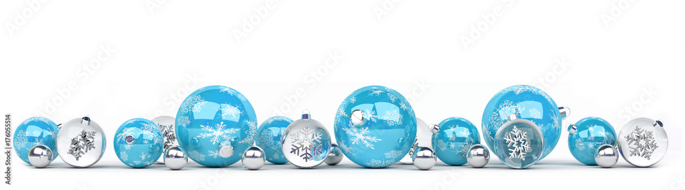 Blue and white christmas baubles lined up 3D rendering - obrazy, fototapety, plakaty 