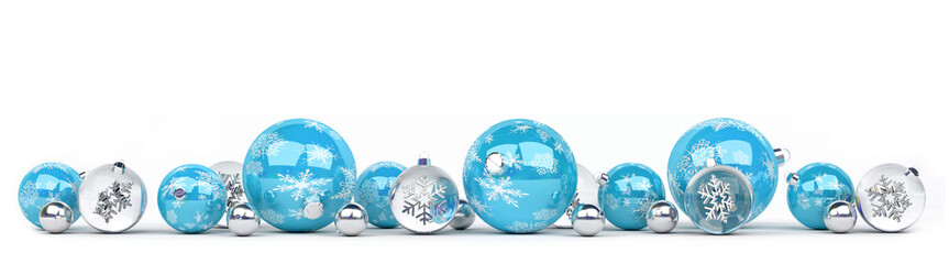 Blue and white christmas baubles lined up 3D rendering