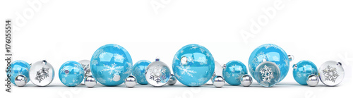 Blue and white christmas baubles lined up 3D rendering