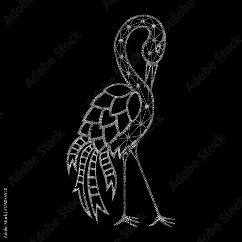 phoenix, firebird. white lace Traditional stylish fashionable embroidered embroidery on a black background. sketch for printing on fabric, bag, clothes, accessories and design. trend vector