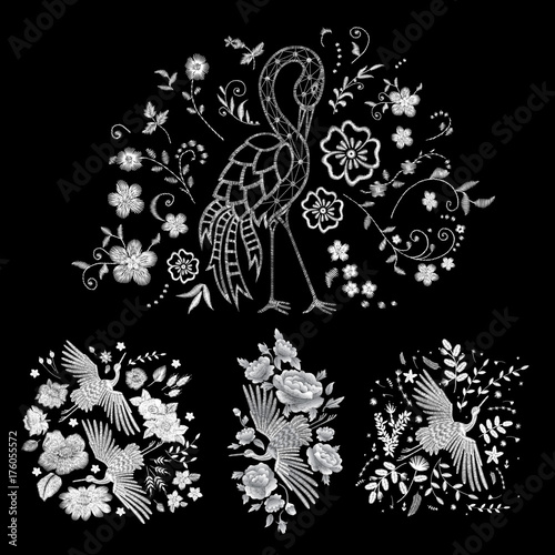 phoenix, firebird. white lace Traditional stylish fashionable embroidered embroidery on a black background. sketch for printing on fabric, bag, clothes, accessories and design. trend vector