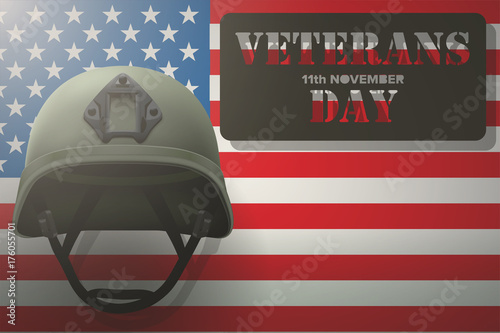 Military helmet on the background of the American flag with Veterans day Poster of WWII or modern wars. Vector Illustration.