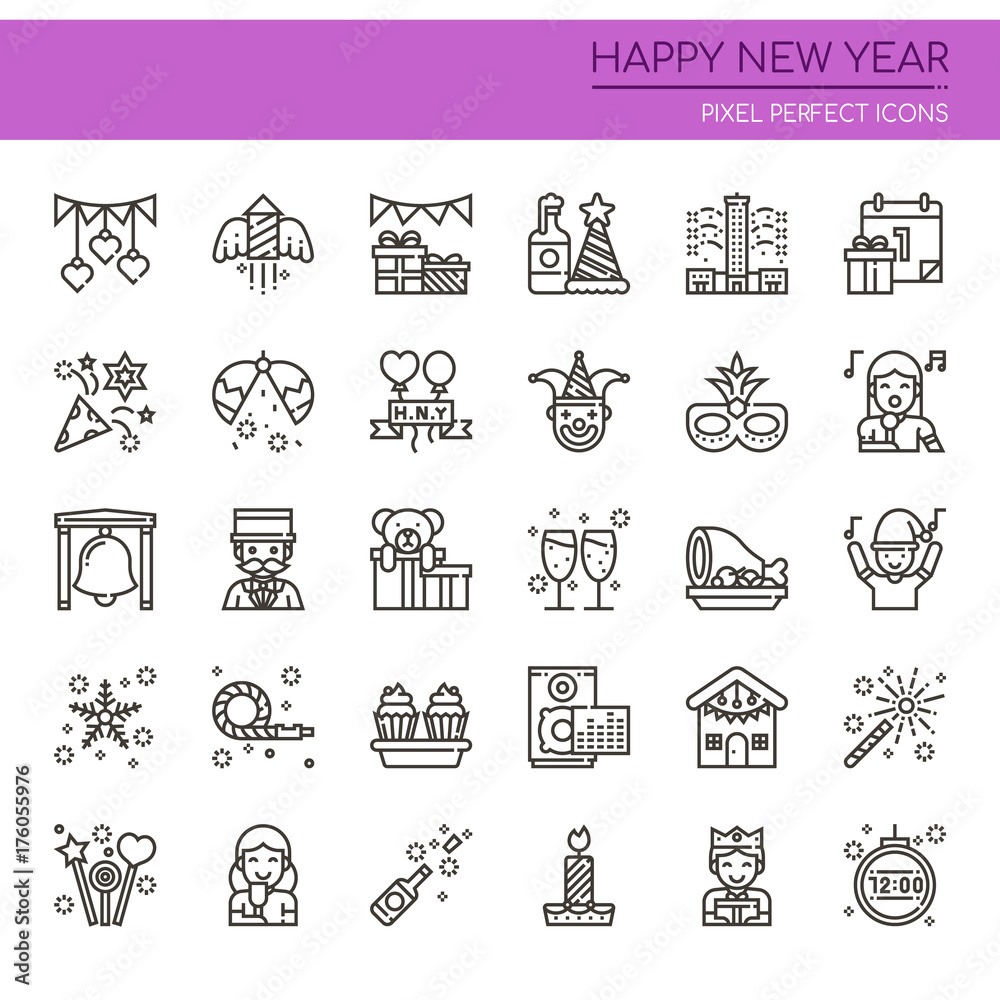 Fototapeta premium Happy New Year Elements , Thin Line and Pixel Perfect Icons.