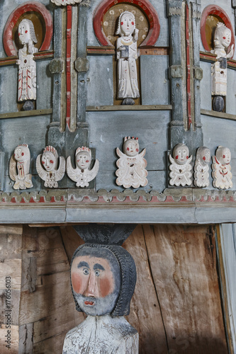 Old Petajavesi wooden church interior pulpit detail. Finland heritage photo