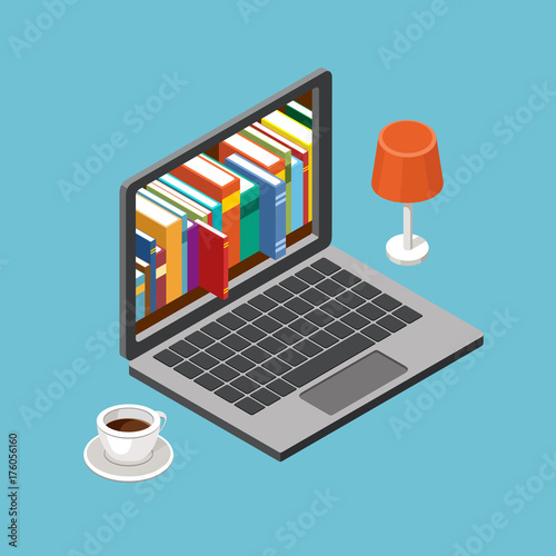 Online library concept, laptop with book shelves