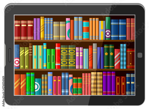 Online library concept, tablet with book shelves