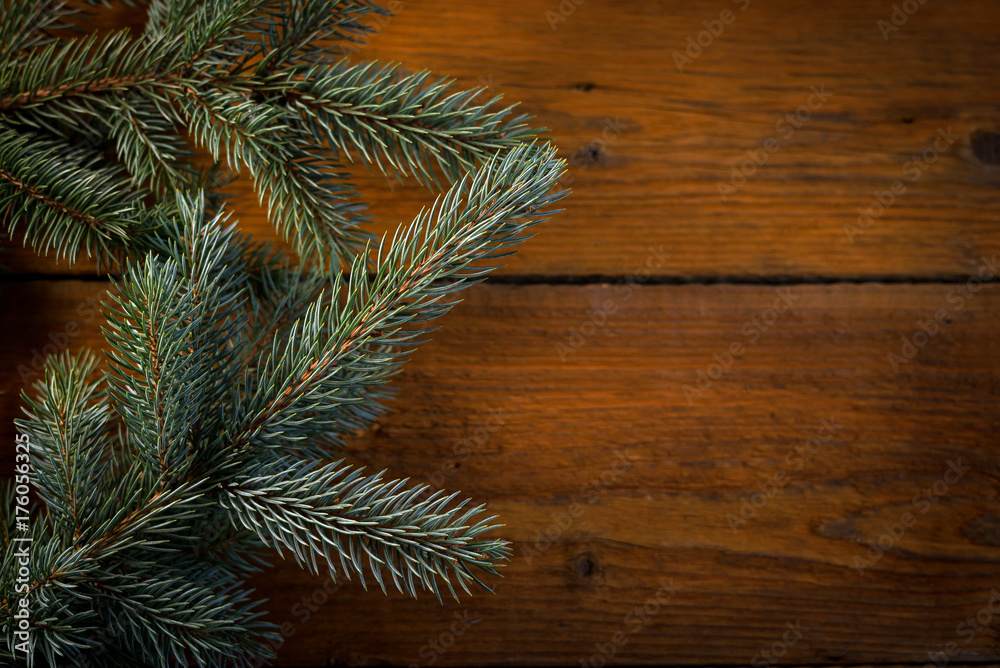 Christmas fir tree with decoration on wooden board Christmas fir tree with decoration on wooden board